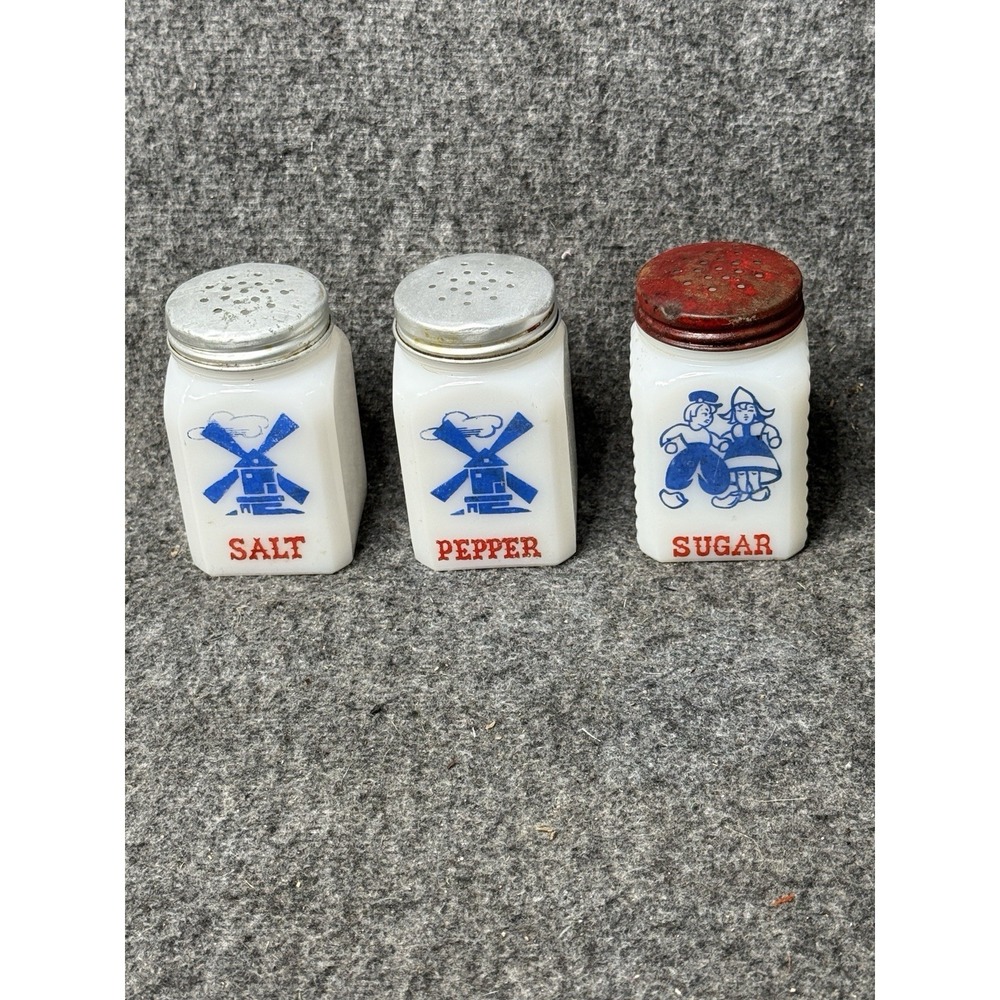 VTG Windmill Dutch Milk Glass Hazel Atlas / Mckee Salt Pepper Sugar Shakers